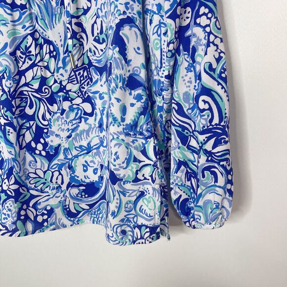Lilly Pulitzer XSmall Blue Willa Top Royal Purple 60 Animals Tie V Neck Blouse - Picture 3 of 11